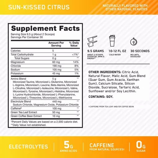 Optimum Nutrition Essential AMIN.O. ENERGY + Electrolytes *new* Sun-kissed Citrus 0.63 lb (30 Servings) Romania | 7254-VZXML