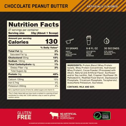 Optimum Nutrition GOLD STANDARD 100% WHEY™ Chocolate Peanut Butter 2 lb (27 Servings) Romania | 4637-JEALP