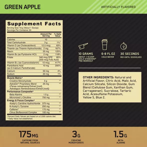 Optimum Nutrition GOLD STANDARD® Pre-Workout Green Apple 0.66 lb (30 Servings) Romania | 9645-GQKXH