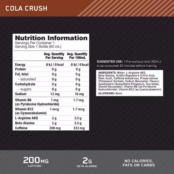 Optimum Nutrition Pure Pre 200 Pre-Workout Shot Cola 60ml (12 shots) Romania | 0861-ECOSI